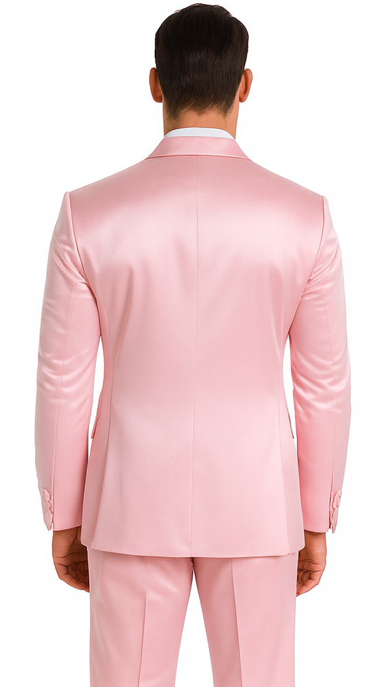 Men's Dusty Rose Satin 3 Piece Skinny Fit Tazzio Suit with Peak Lapel and Double Breasted Design