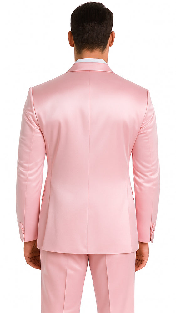 Men's Dusty Rose Satin 3 Piece Skinny Fit Tazzio Suit with Peak Lapel and Double Breasted Design