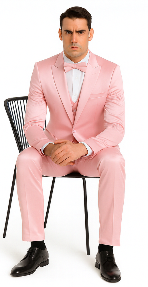 Men's Dusty Rose Satin 3 Piece Skinny Fit Tazzio Suit with Peak Lapel and Double Breasted Design