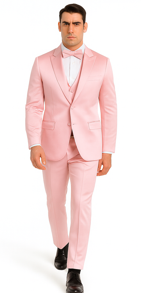 Men's Dusty Rose Satin 3 Piece Skinny Fit Tazzio Suit with Peak Lapel and Double Breasted Design