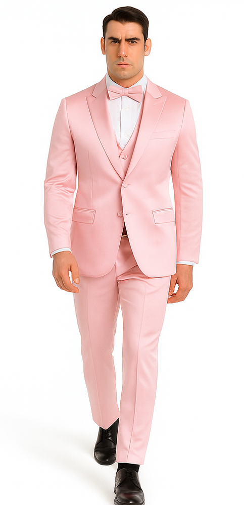 Men's Dusty Rose Satin 3 Piece Skinny Fit Tazzio Suit with Peak Lapel and Double Breasted Design