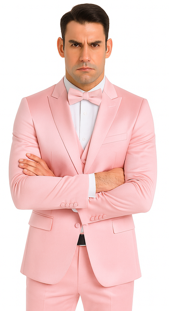 Men's Dusty Rose Satin 3 Piece Skinny Fit Tazzio Suit with Peak Lapel and Double Breasted Design