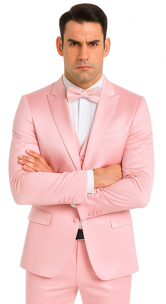 Men's Dusty Rose Satin 3 Piece Skinny Fit Tazzio Suit with Peak Lapel and Double Breasted Design
