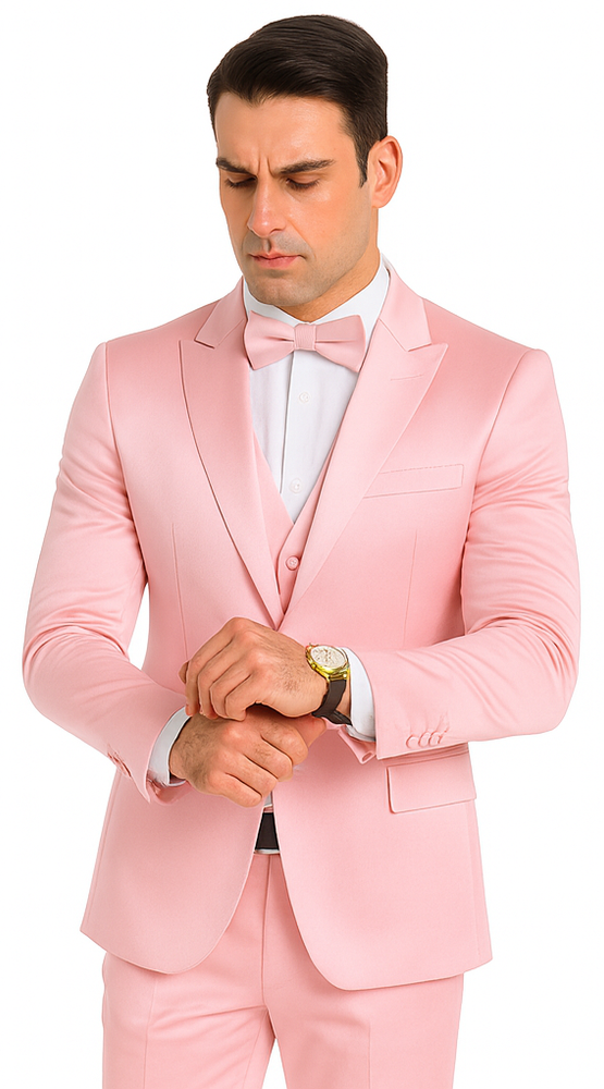 Men's Dusty Rose Satin 3 Piece Skinny Fit Tazzio Suit with Peak Lapel and Double Breasted Design