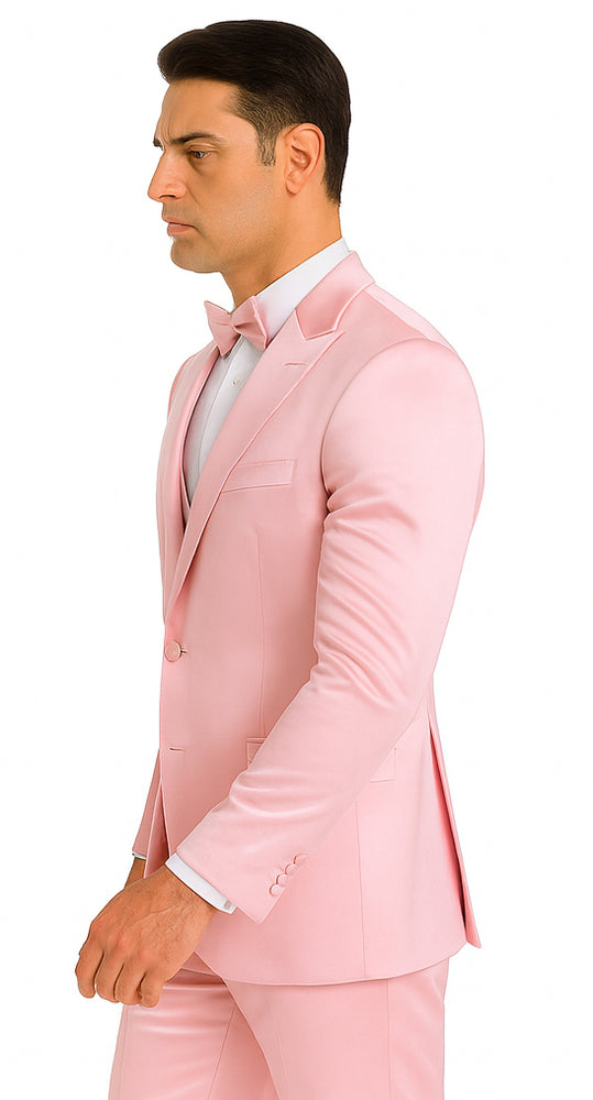 Men's Dusty Rose Satin 3 Piece Skinny Fit Tazzio Suit with Peak Lapel and Double Breasted Design