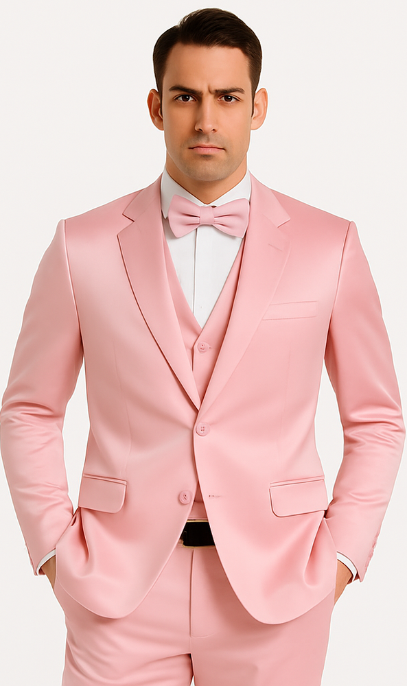 Men's Dusty Rose Satin 3 Piece Skinny Fit Tazzio Suit with Peak Lapel and Double Breasted Design