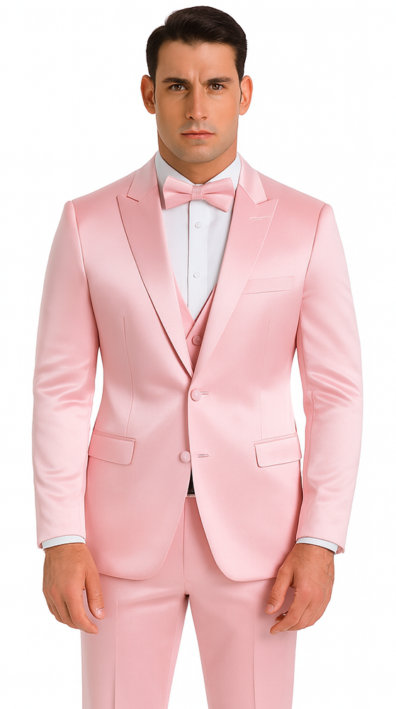 Men's Dusty Rose Satin 3 Piece Skinny Fit Tazzio Suit with Peak Lapel and Double Breasted Design