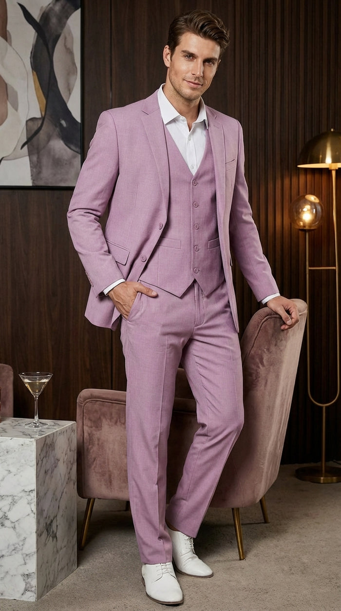 Men’s Dusty Rose 3 Piece Suit – Modern Pink Formal Suit Set for Wedding, Prom and Special Events Pinkish Color