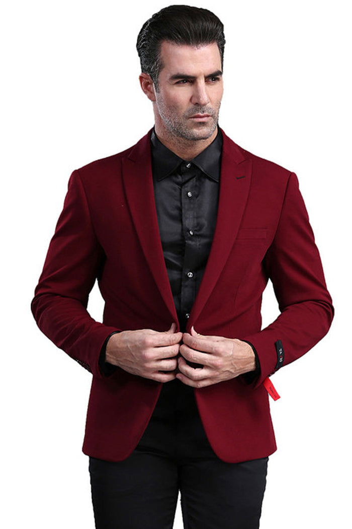 Men's Burgundy One Button Peak Lapel Slim Blazer by Tazzio Suits