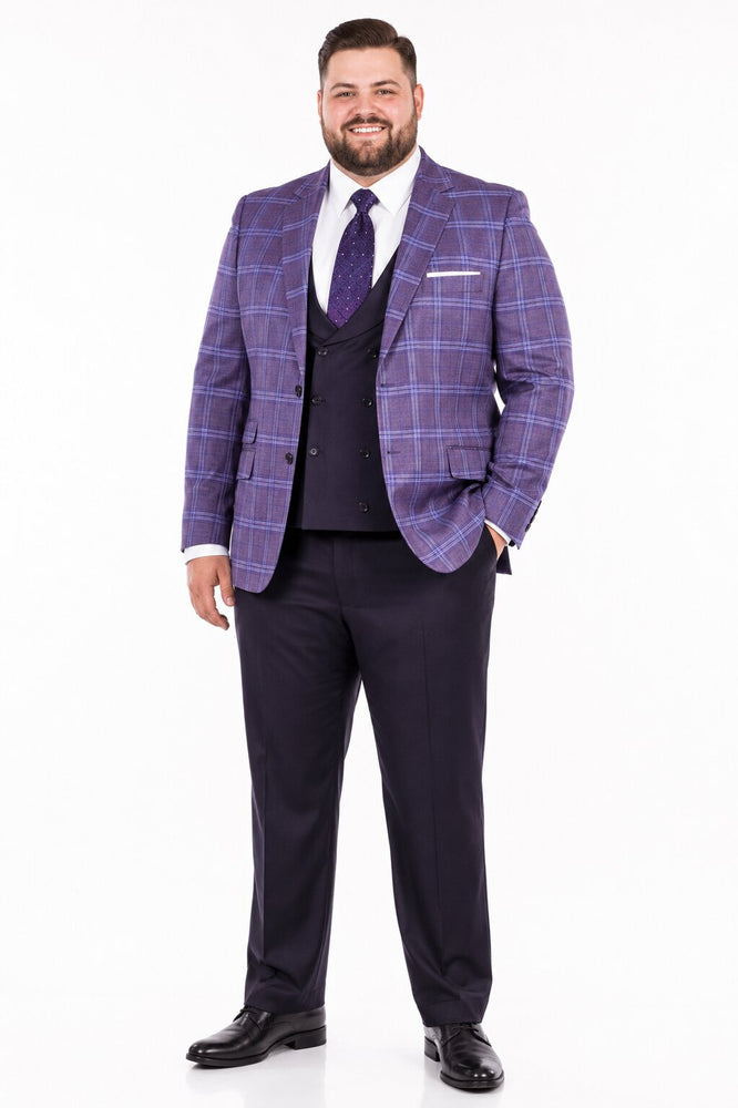 Mens 2 Button Suit with Low Cut Vest in Eggplant | Purple Plaid