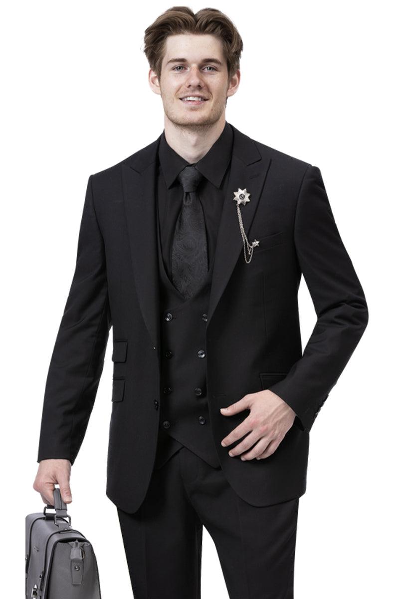 Men's One Button Vested Fashion Seersucker Suit with Double Breasted Vest in Black