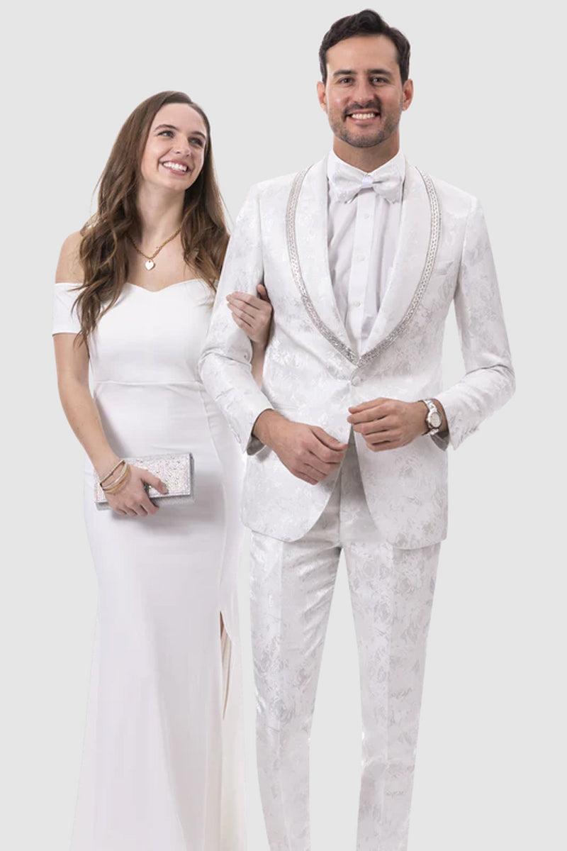 EJ Samuel White Paisley Prom & Wedding Vested Tuxedo Shawl w/ Square Cut main image 1