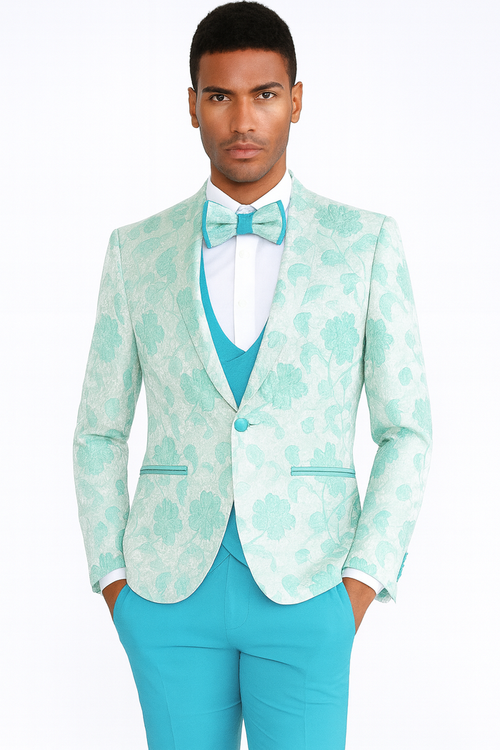 Aqua Tuxedo with Floral Pattern Four Piece Set - Wedding - Prom 2026 - Men's Flower Suit