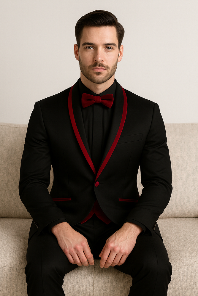 Prom 2025 ~ Wedding Tuxedo Dinner Jacket Black/Burgundy Trim