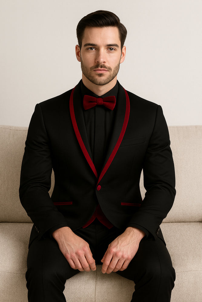 Prom 2026 ~ Wedding Tuxedo Dinner Jacket Black/Burgundy Trim