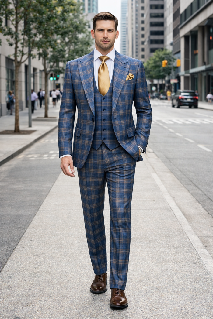 Blue Highland Check 3-Piece Champagne Accent Occasion Suit