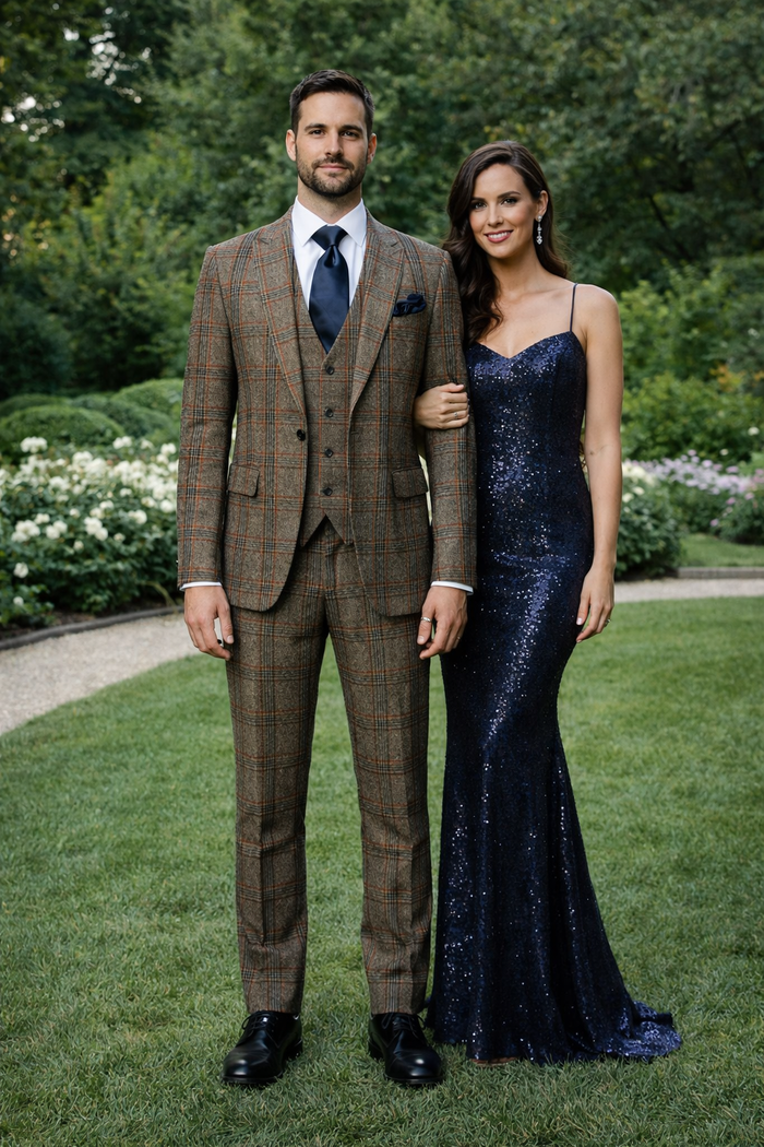 Mens Rossiman Brown Plaid 3-Piece Vested Suit – Classic Tailored Fit