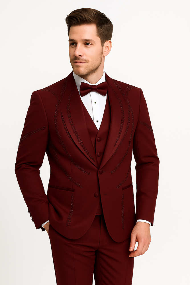 Men’s Burgundy Italian Wool 3-Piece Modern Formal Tuxedo