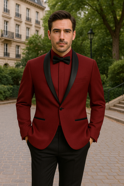 Prom 2026 ~ Wedding Tuxedo Dinner Jacket Burgundy and Black Trim