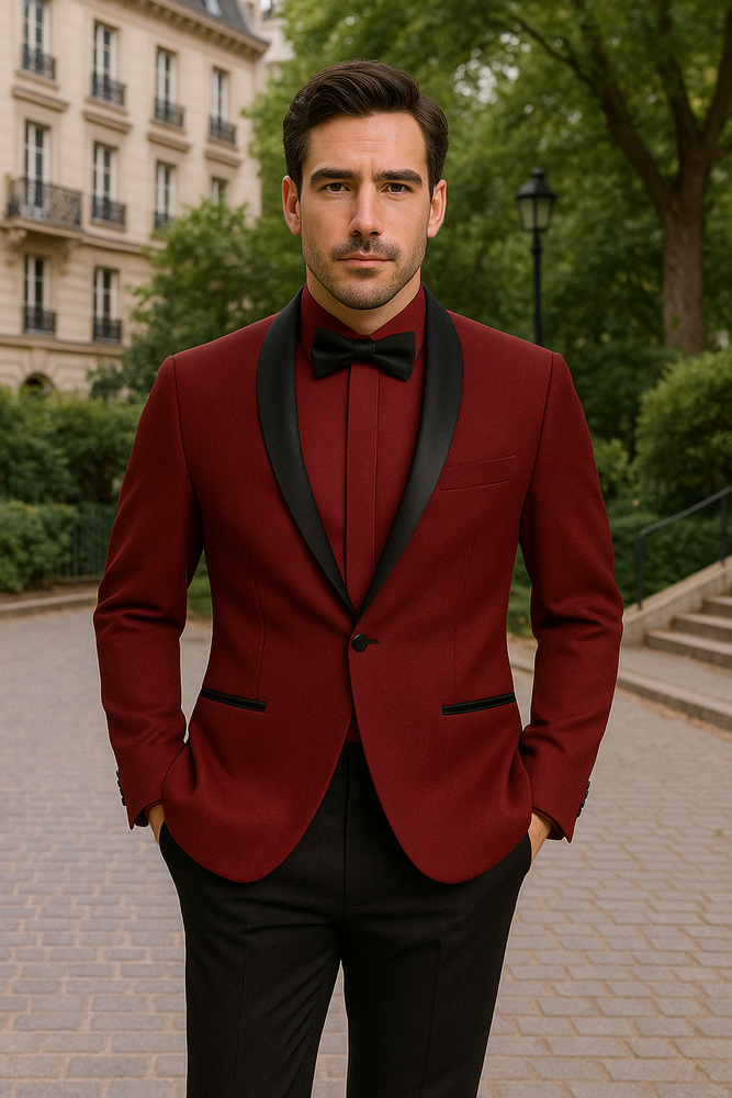 Prom 2025 ~ Wedding Tuxedo Dinner Jacket Burgundy and Black Trim
