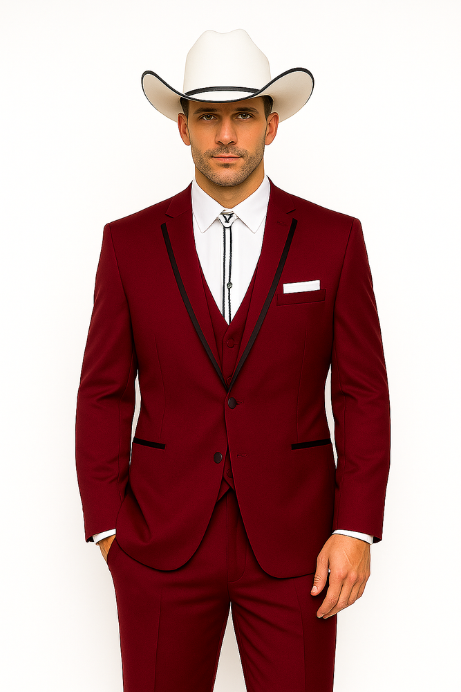 SKU#JA60892 Country Tuxedos Mens Traje Vaquero - Burgundy Tuxedo
