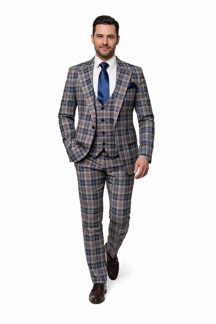 Camel & Navy Tartan 3-Piece Modern Wedding Suit