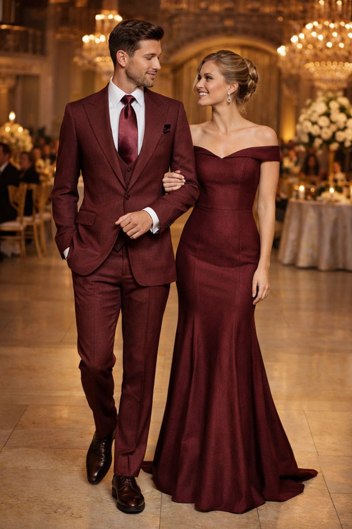 Chestnut Terra 3-Piece Modern Wedding Suit with Wine Satin