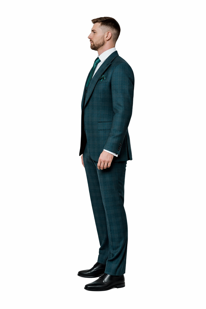 Deep Teal Crosshatch Plaid 3-Piece Tailored Suit with Satin Emerald