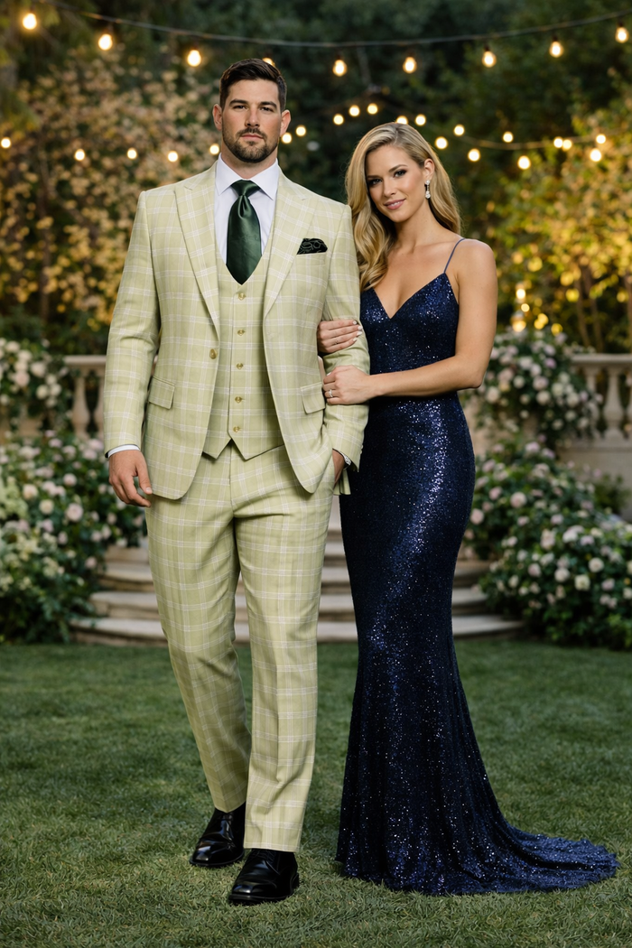 Rossiman Elite Cream Checkered 3-Piece Prestige Suit