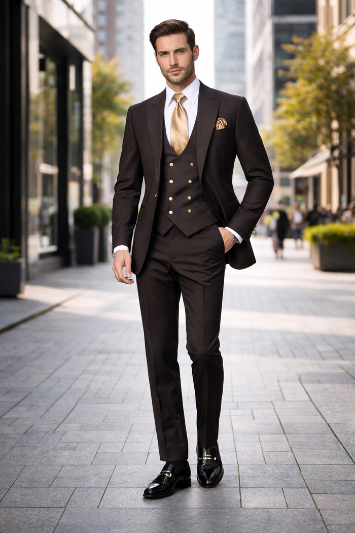Espresso Brown 3-Piece Luxury Wedding Suit with Gold Accents