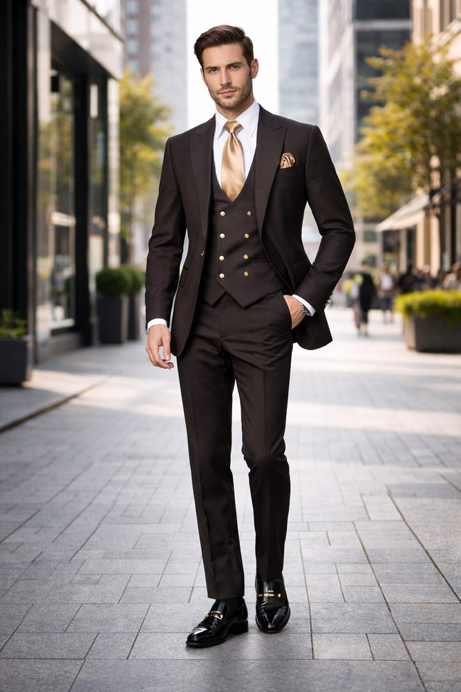 Espresso Brown 3-Piece Luxury Wedding Suit with Gold Accents