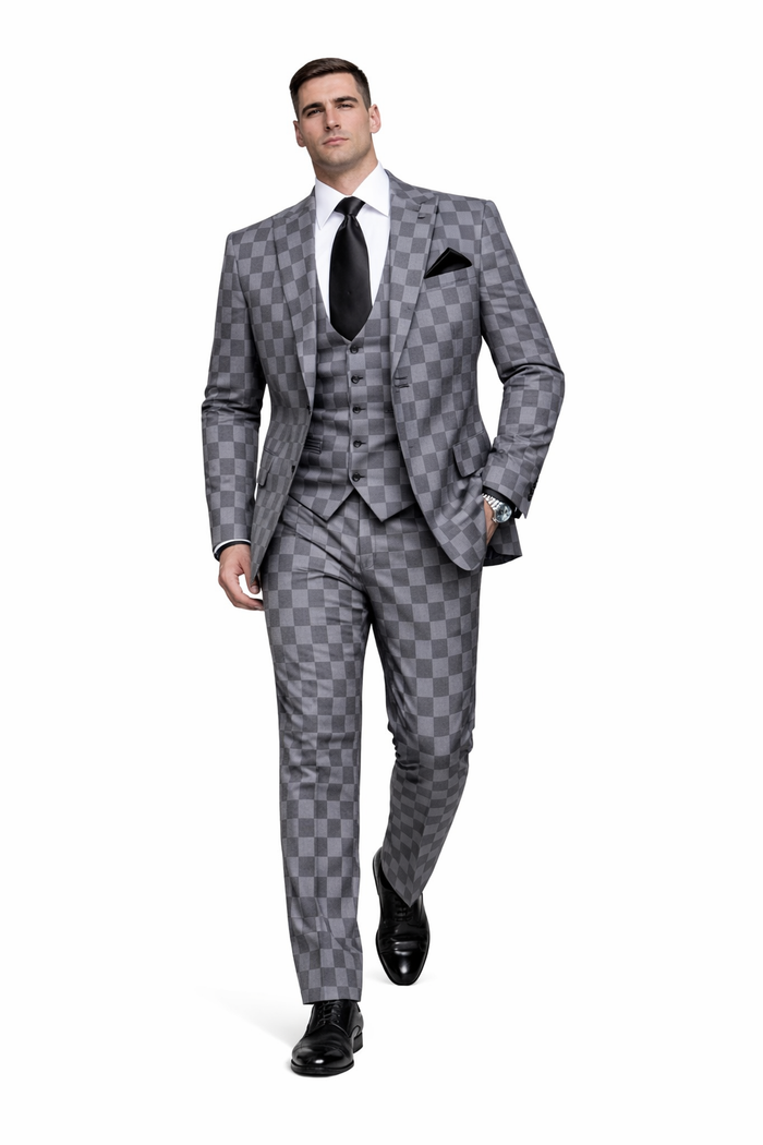 Grey Checkerboard Elite 3-Piece Tailored Suit by Rossiman