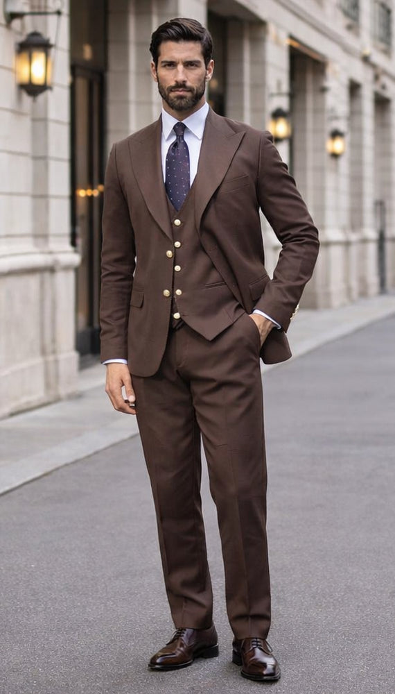 Elegant Men's Chocolate Dark Brown 3 ~ Three Piece Cheap Priced Business Suits Clearance Sale Available in 2 or 3 Buttons Style Regular