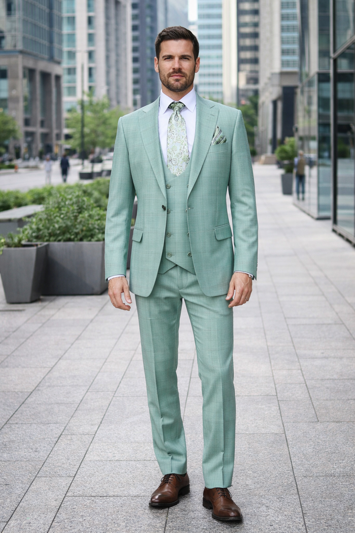 Mint Sage Windowpane 3-Piece Luxury Wedding Suit with Green Paisley Accents