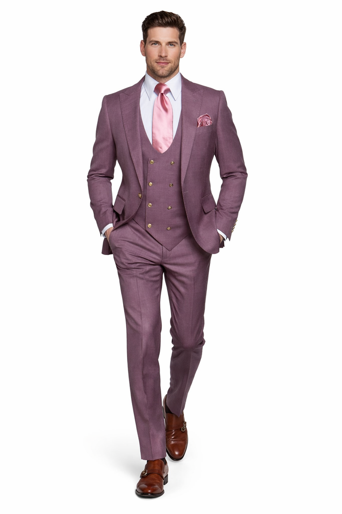 Orchid Plum 3-Piece Luxury Wedding Suit with Pink Accents by Rossiman