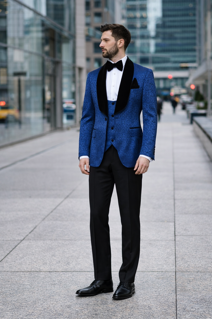 Rossiman Royal Midnight Blue Velvet-Lapel 3-Piece Gala Tuxedo Suit