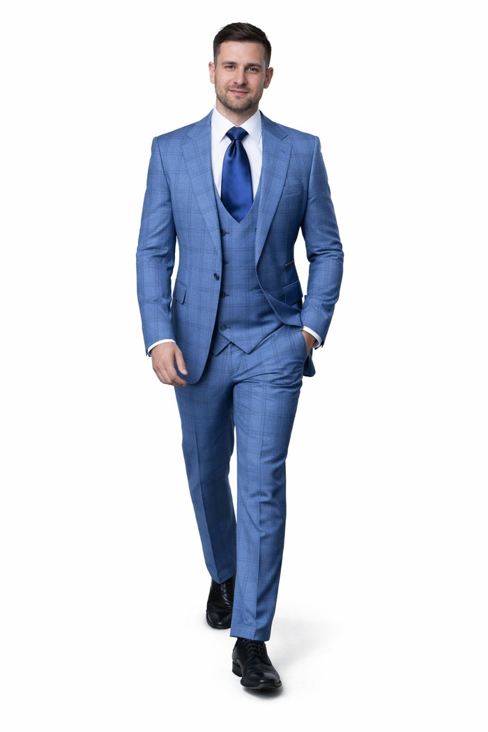 Sky Blue Windowpane 3-Piece Tailored Wedding Suit by Rossiman