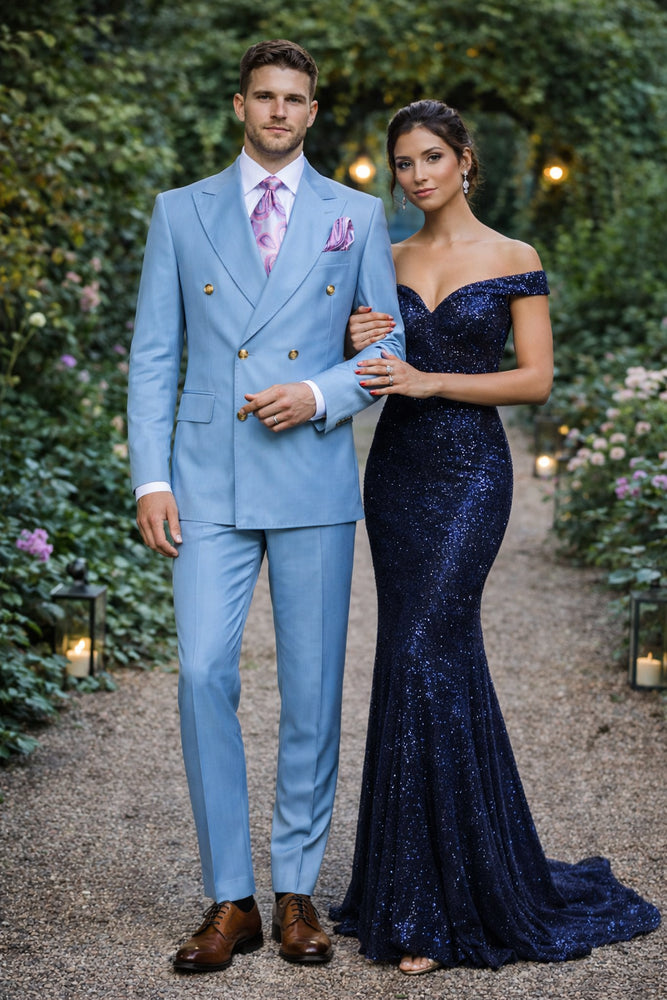 Sky Royale Double-Breasted 3-Piece Luxury Suit in Powder Blue by Rossiman