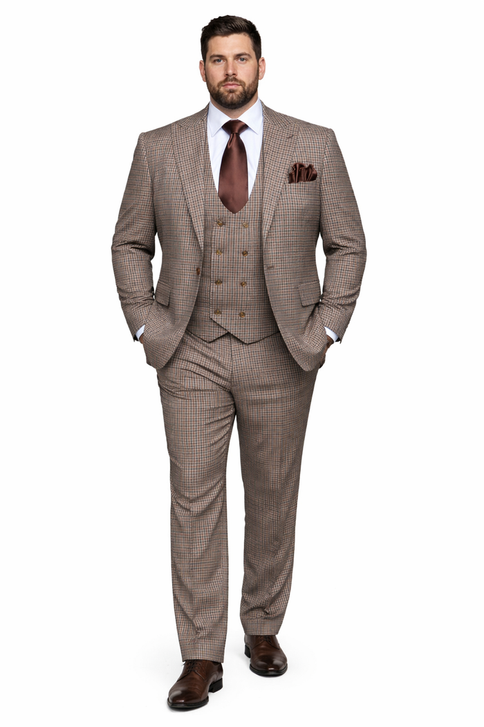 Rossiman Windsor Tan Mini-Check Double-Breasted 3-Piece Heritage Suit