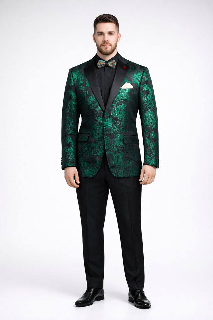 Emerald Green Paisley Tuxedo Suit - Prom 2026 Floral Tuxedo Suit - Groom Wedding Suit