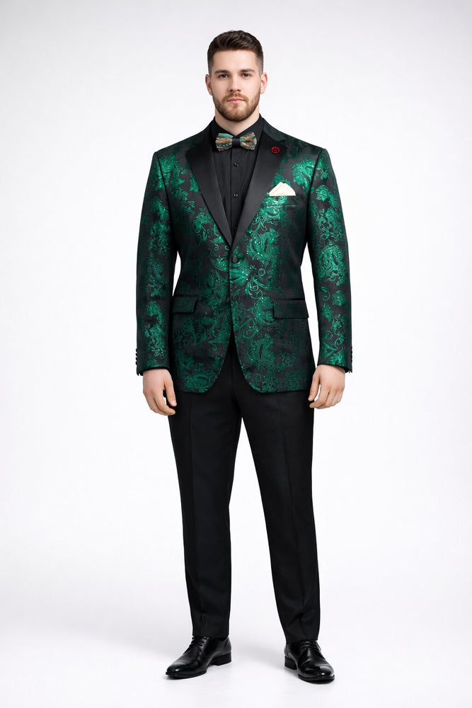 Emerald Green Paisley Tuxedo Suit - Prom 2026 Floral Tuxedo Suit - Groom Wedding Suit