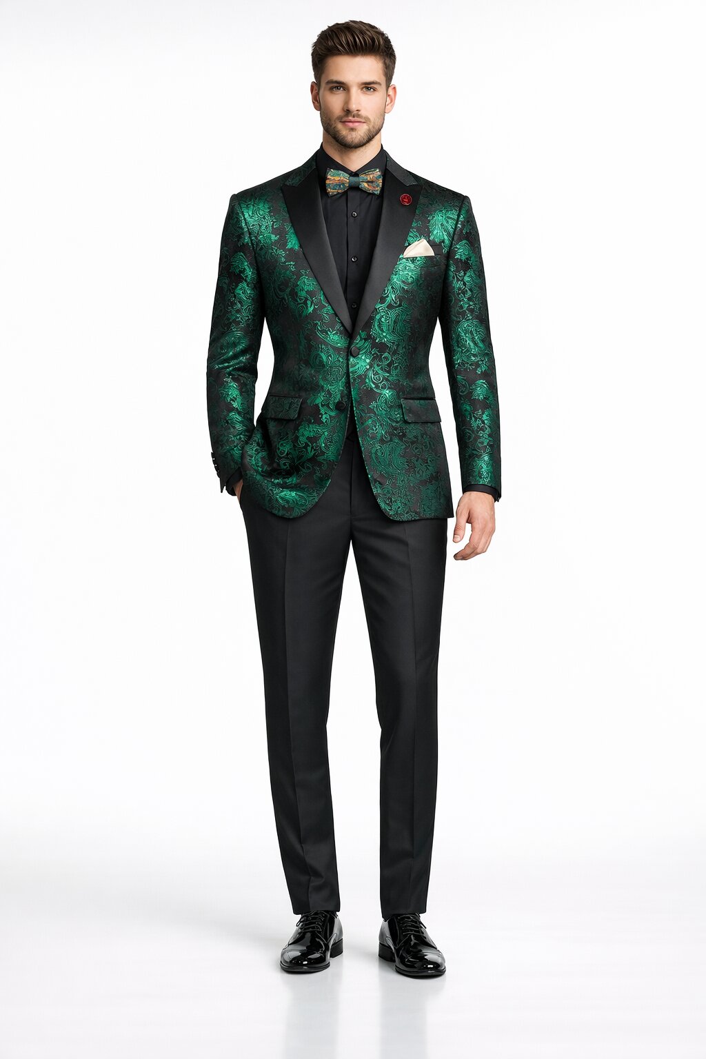 Gro Suit Emerald Green Paisley Tuxedo Suit - Prom 2026 Floral Tuxedo Suit - Gro ...