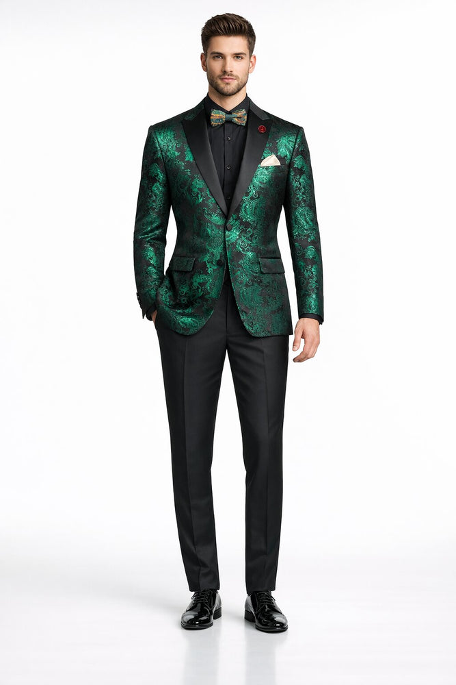 Emerald Green Paisley Tuxedo Suit - Prom 2026 Floral Tuxedo Suit - Groom Wedding Suit