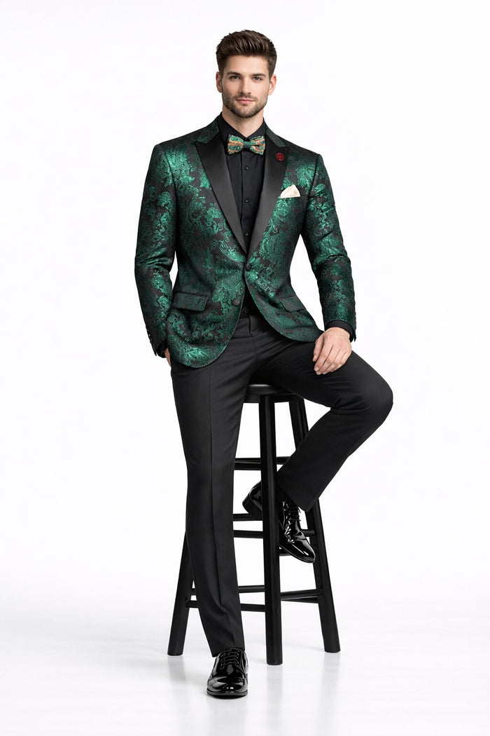 Emerald Green Paisley Tuxedo Suit - Prom 2026 Floral Tuxedo Suit - Groom Wedding Suit
