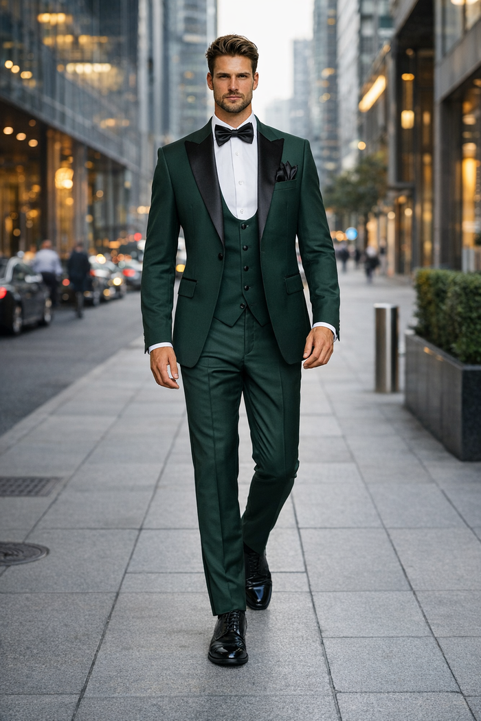 Emerald Regent Satin-Lapel 3-Piece Formal Tuxedo Suit by Rossiman