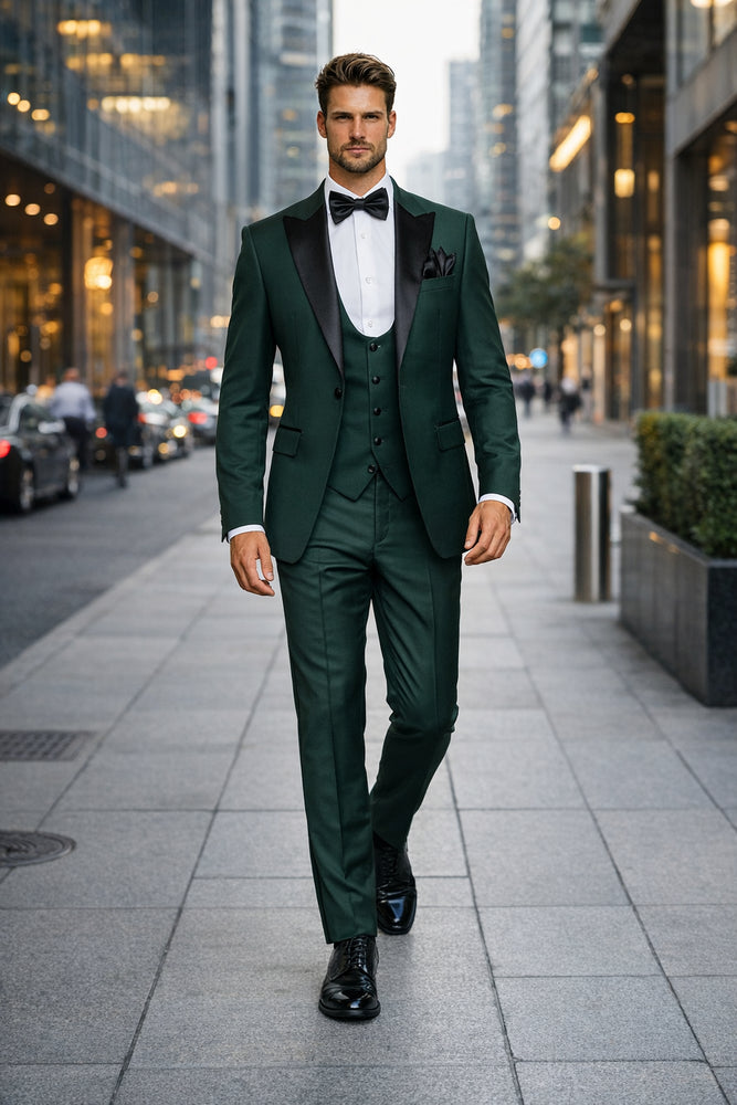 Emerald Regent Satin-Lapel 3-Piece Formal Tuxedo Suit by Rossiman