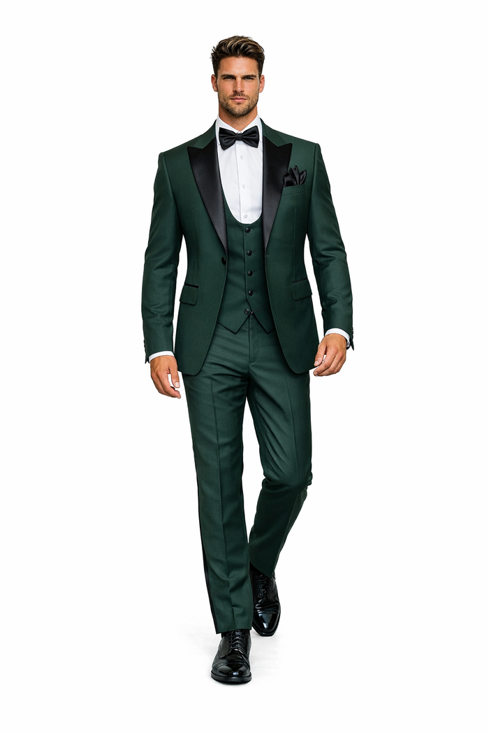 Emerald Regent Satin-Lapel 3-Piece Formal Tuxedo Suit by Rossiman