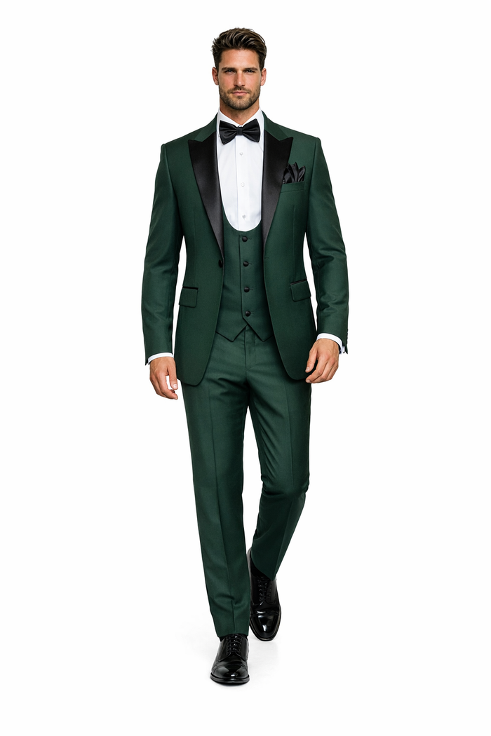 Emerald Regent Satin-Lapel 3-Piece Formal Tuxedo Suit by Rossiman