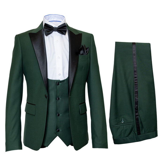 Emerald Regent Satin-Lapel 3-Piece Formal Tuxedo Suit by Rossiman