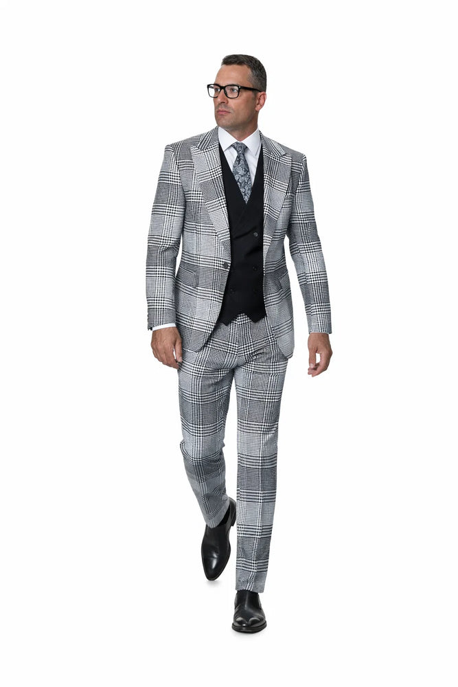 Statement Men’s 3-Piece Plaid Wool Suit – 100% Wool Modern Fit with Peak Lapel